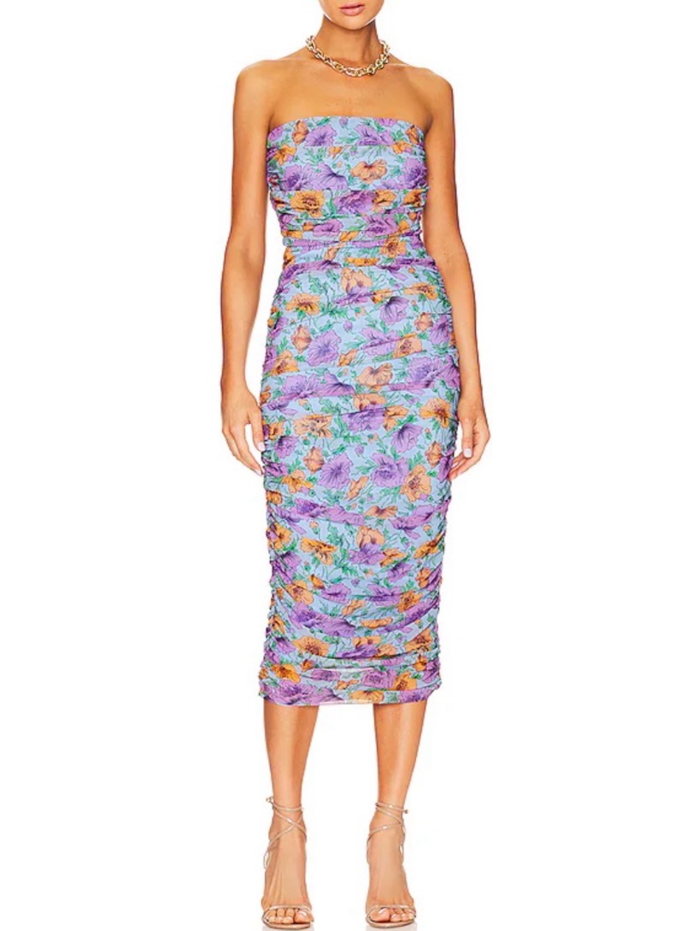 Veronica Beard Lake Blue Quiana Floral Strapless Ruched Midi Dress